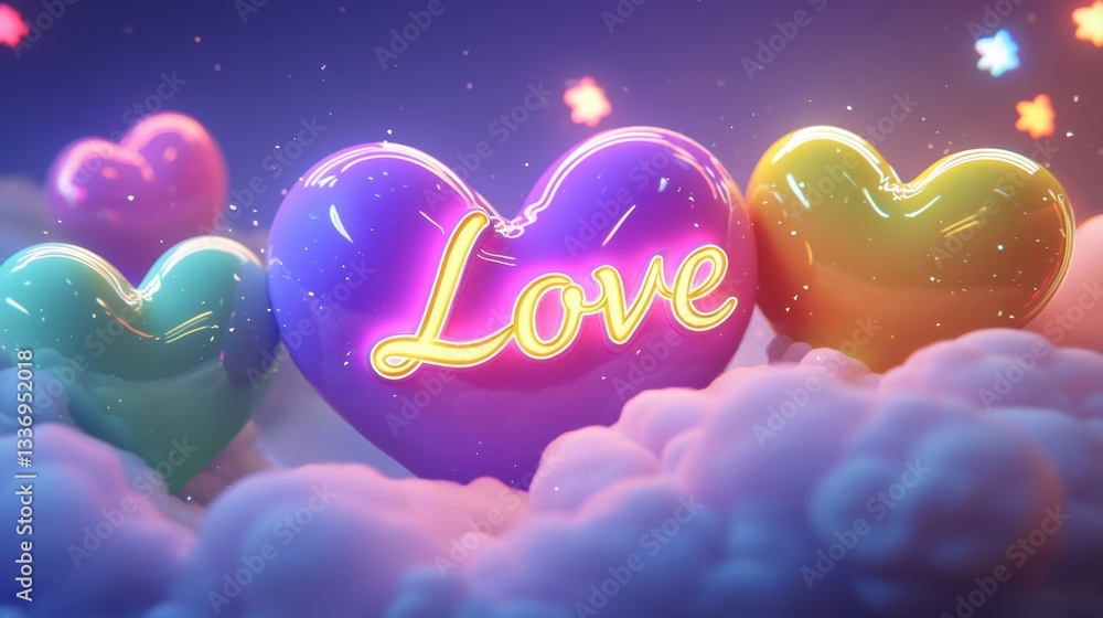 Aufkleber vibrant heart shapes in various colors float above soft, fluffy clouds, creating a cheerful atmosphe