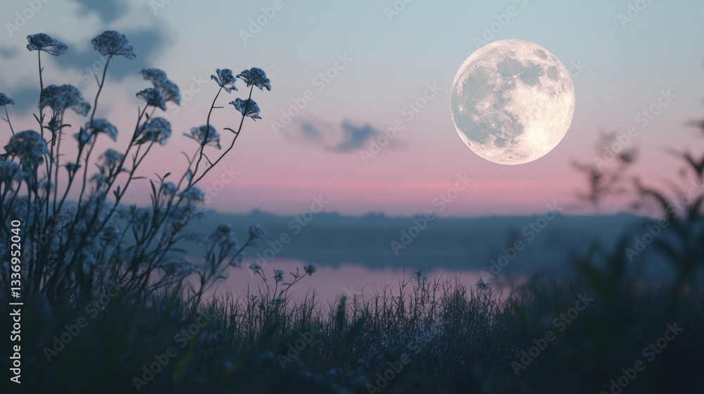Poster a beautiful scene of the full moon rising above a field of flowers, perfect for use in editorial or 
