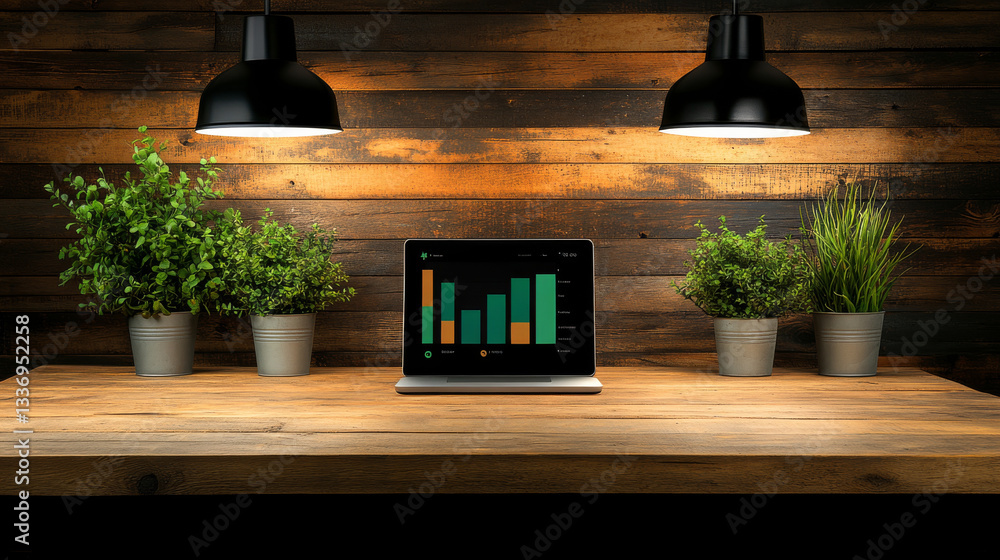Poster modern workspace featuring laptop displaying colorful bar graph, surrounded by potted plants and ill