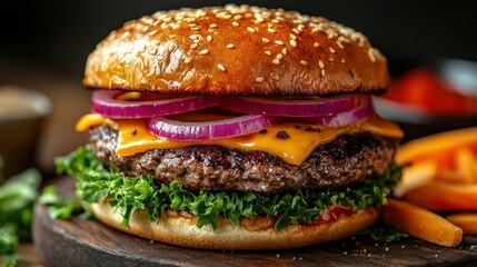 Delicious gourmet burger with cheese, onions, and fresh greens on a wooden board