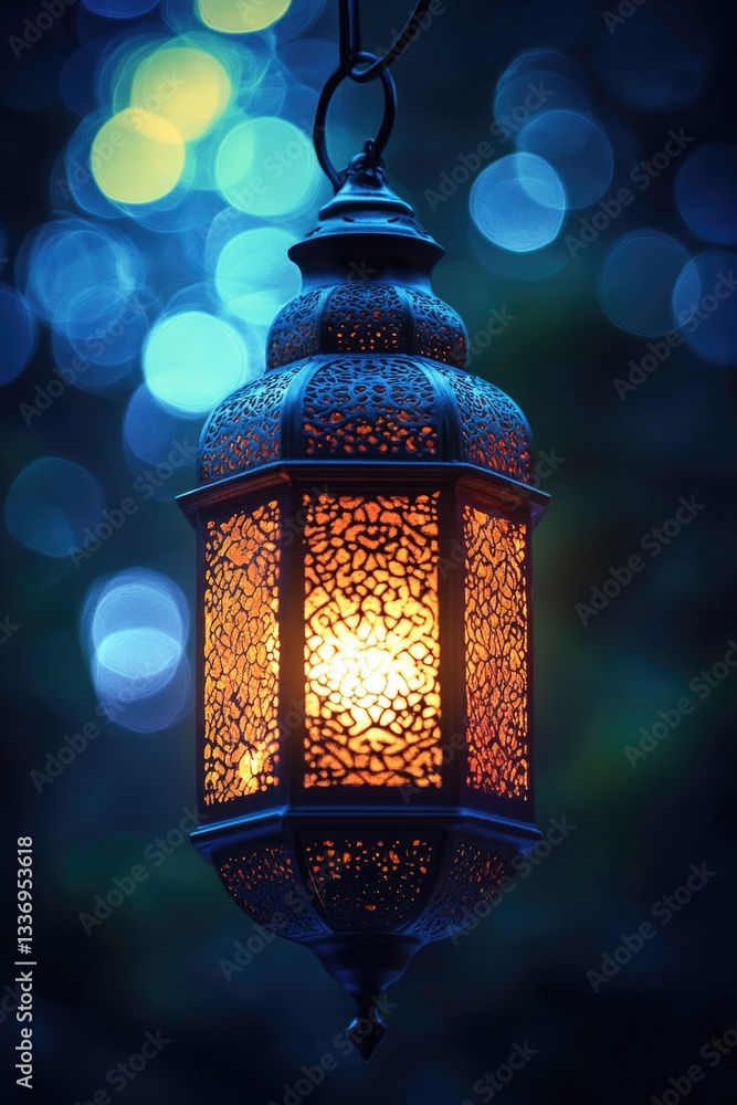 Poster A lantern suspended from a chain in a dark environment, ideal for use as a mood setter or to add atmosphere to a scene