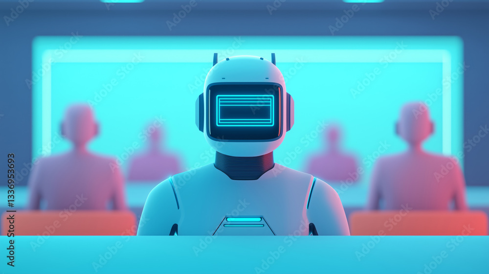 Poster futuristic robot in virtual meeting room, showcasing advanced technology and ai interaction, with gl