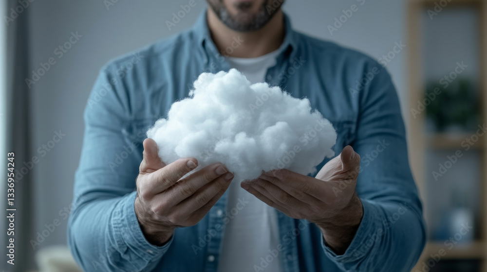 Poster man holds fluffy cloud like object in his hands, showcasing sense of wonder and creativity. soft tex