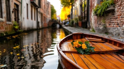 A boat gently floating down a canal in Bruges, Belgium