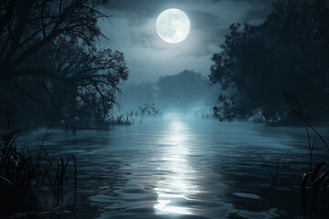 The bewitching spell of a moonlit lagoon, where the tranquil waters perfectly mirror the ethereal glow of the moon