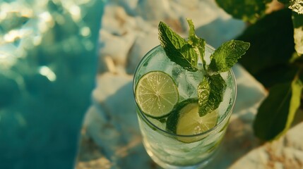 A shot of a refreshing mojito with lime, mint, and ice, styled with a summer, beachy vibe