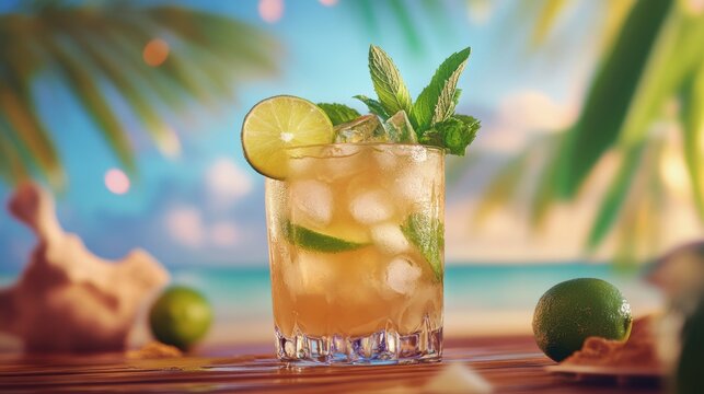 A shot of a refreshing mojito with lime, mint, and ice, styled with a summer, beachy vibe