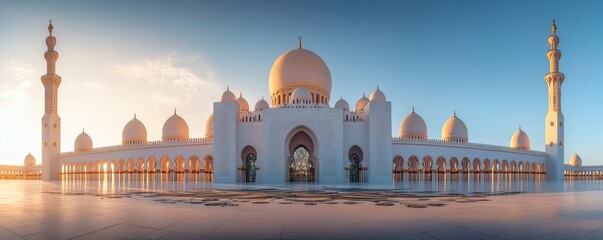 A grand mosque building illuminated by sunlight against a blue sky