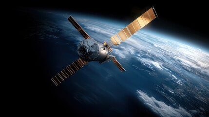 Fototapeta premium Space station orbiting Earth at dawn, futuristic design