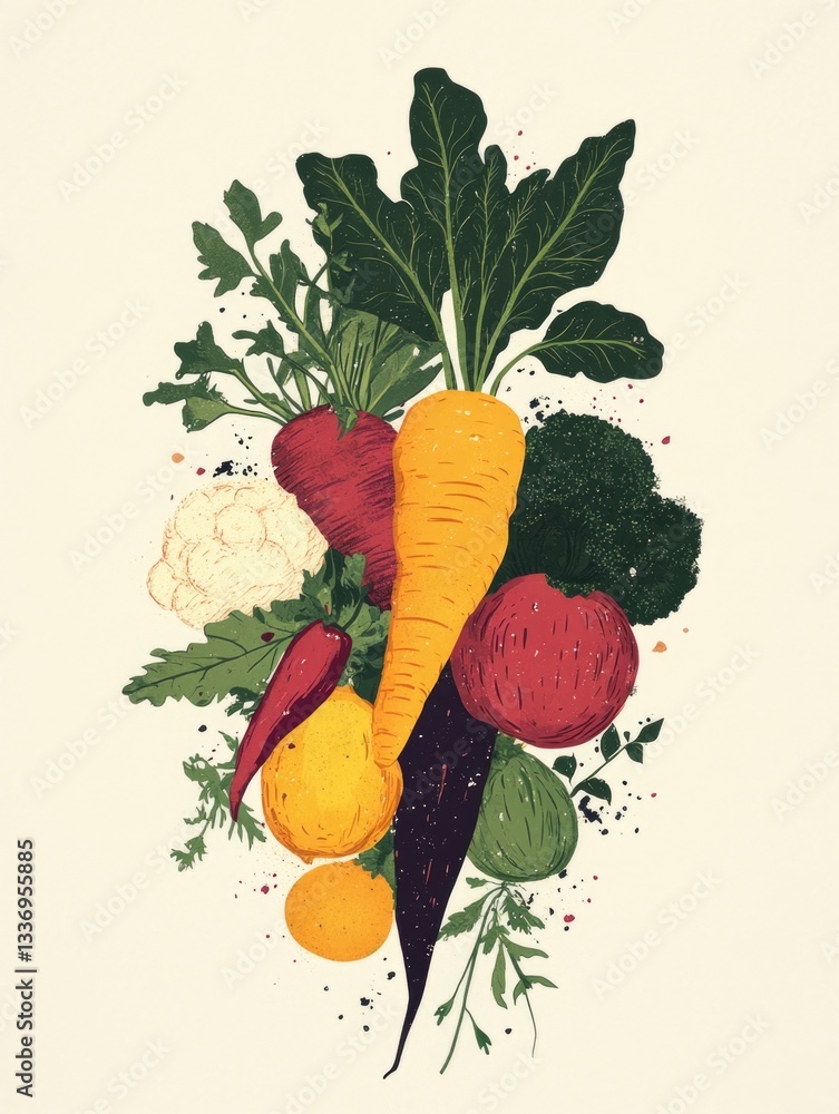 Poster a collection of fresh vegetables displayed on a table, suitable for a still life or food-related con