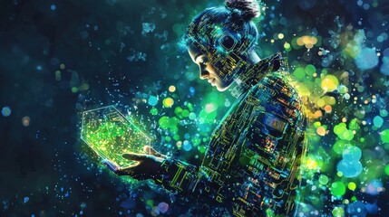 In a dynamic setting filled with colorful lights, a woman engages with a digital hologram, showcasing a blend of technology and creativity. The atmosphere is rich in vibrant green and blue tones