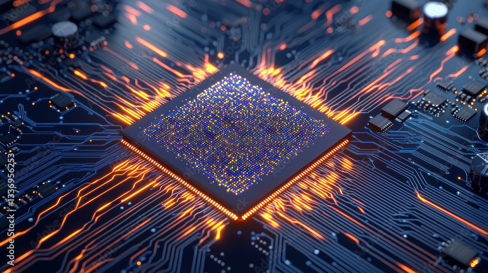 Poster vibrant microchip with glowing circuits, showcasing intricate details and technology in action