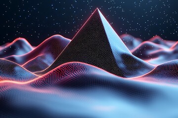 Illuminated abstract digital landscape featuring geometric shapes and glowing dots