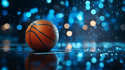 A basketball in the rain, background with blue lights, cinematic, hyper-realistic, bokeh effect, water drops on the ball.