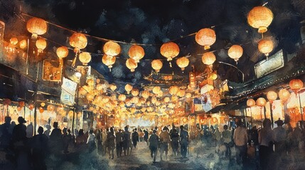 Fototapeta premium A lively street is adorned with glowing lanterns hanging above, illuminating the evening atmosphere as people gather for a festive celebration of culture and community