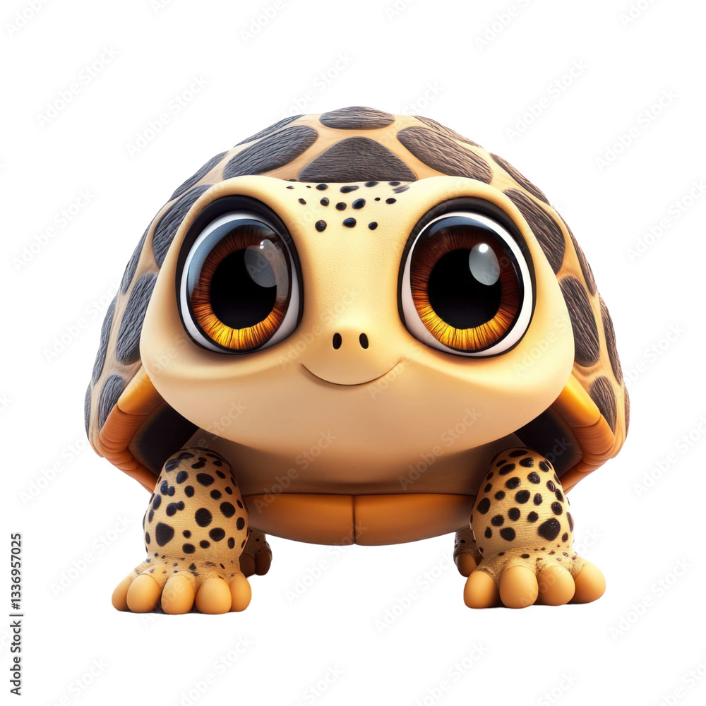 Poster cute cartoon turtle with large expressive eyes and detailed shell pattern on a transparent backgroun