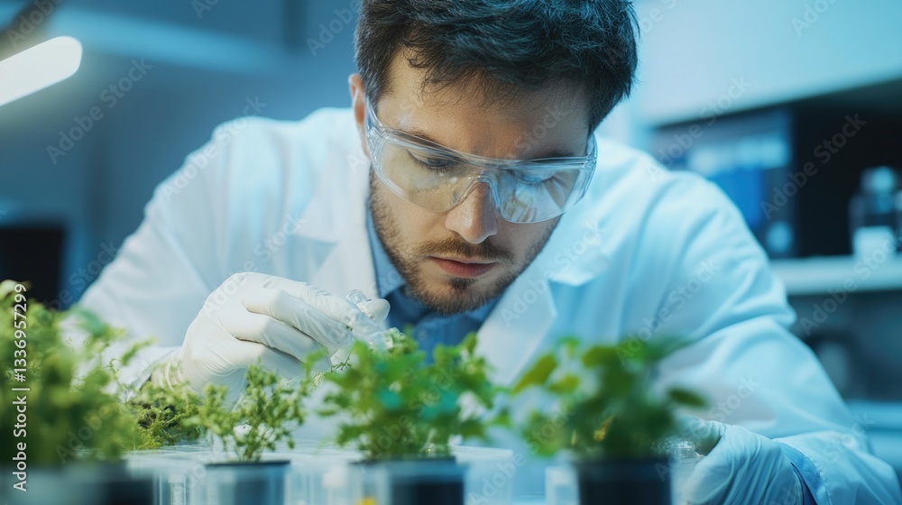 Poster A scientist in a lab coat and goggles works with plants in a controlled environment
