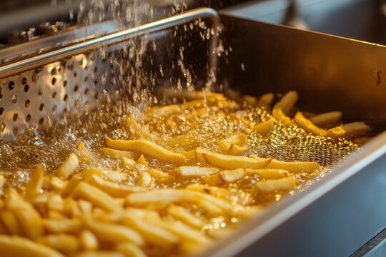 Commercial deep fryer basket bubbling with golden french fries and oil Generative AI
