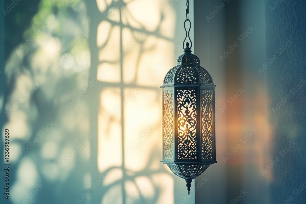 Poster a lantern hanging from the side of a window, suitable for use in scenes about cozy homes or rustic s
