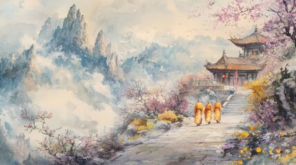 Fototapeta premium Three monks in orange robes stroll along a stone path surrounded by pastel mountains and colorful flowers. A tranquil temple stands in the background, enveloped in early morning mist