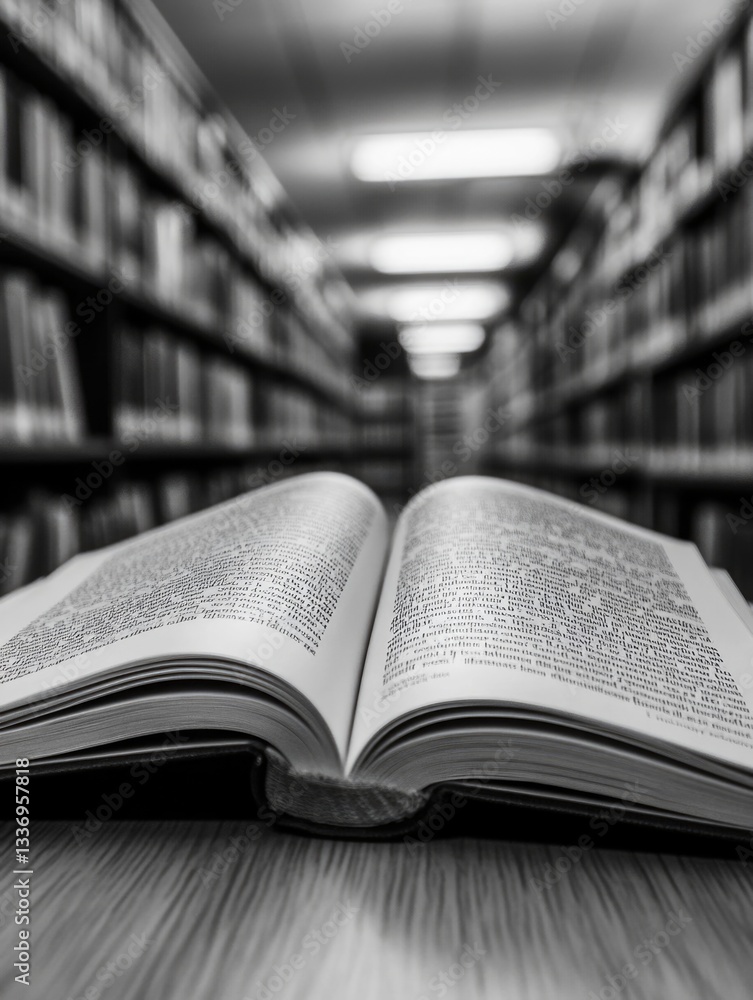 Poster A book sits on a wooden table with a calm and inviting atmosphere