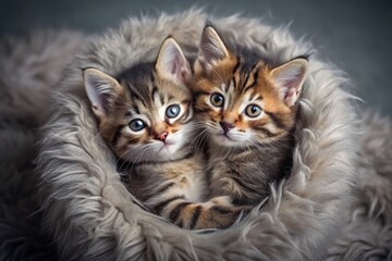 Fototapeta premium Adorable Kittens Cuddling: Gray Background Aerial View Stock Photo