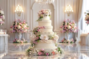 A Beautiful Giant Wedding Cake Adorned with Flowers, a Sweet Centerpiece for Celebration and Love