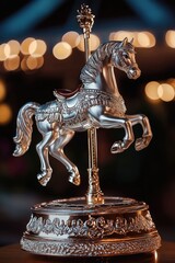 A silver statue of a horse on a merry-go-round or carousel, suitable for use in theme park, fairground or nostalgic context