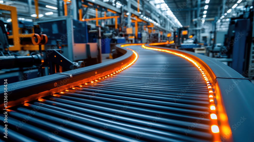 Poster modern industrial conveyor belt with luminous material, showcasing dynamic flow in factory setting