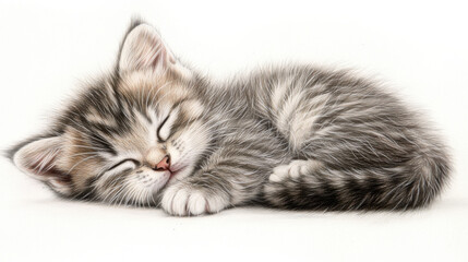 A small sleepy kitten curled up with its head resting on its paws, fur detailed with soft gray and white hues, closed eyes