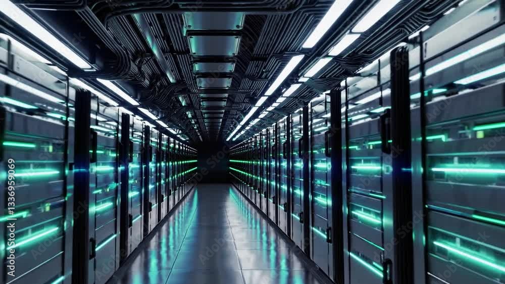 Poster futuristic data center corridor with neon lights and high-tech server racks