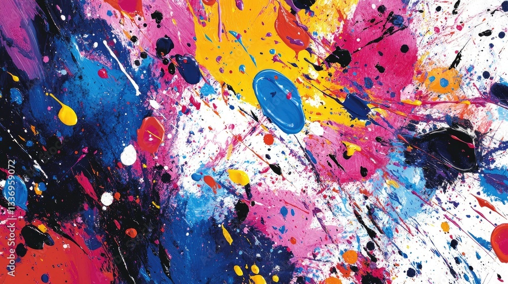 Poster multicolored paint splatters frozen in motion, creating a powerful visual of fluid creativity.