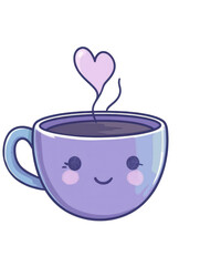 Cute pixel art teacup with face and heart vapor in soft purple color scheme. Transparent background