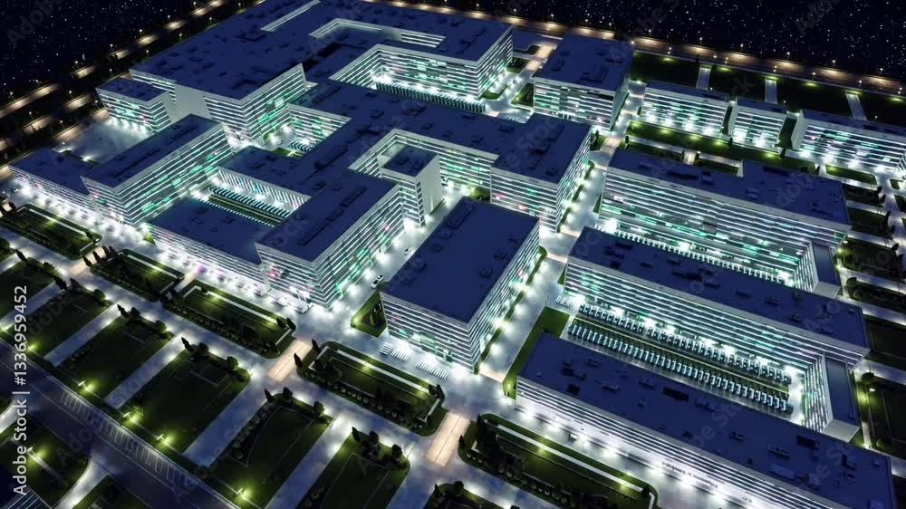 Poster illuminated data center complex featuring modern architecture and advanced design elements