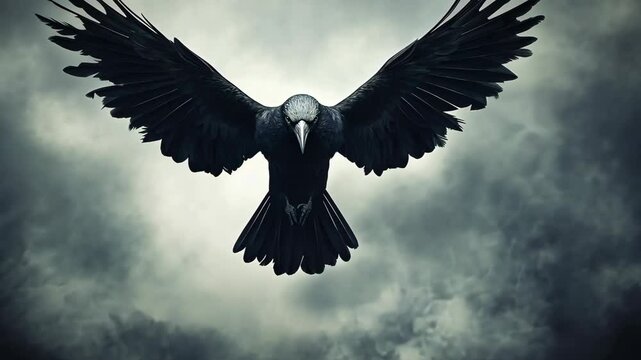 Dark bird of prey soars through ominous sky showcasing powerful wings and striking presence