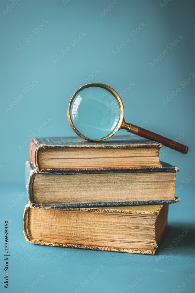 Poster a stack of books with a magnifying glass on top, perfect for researching and studying