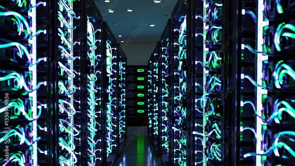 Poster rows of server racks with pulsing lights in a data center, showcasing advanced technology
