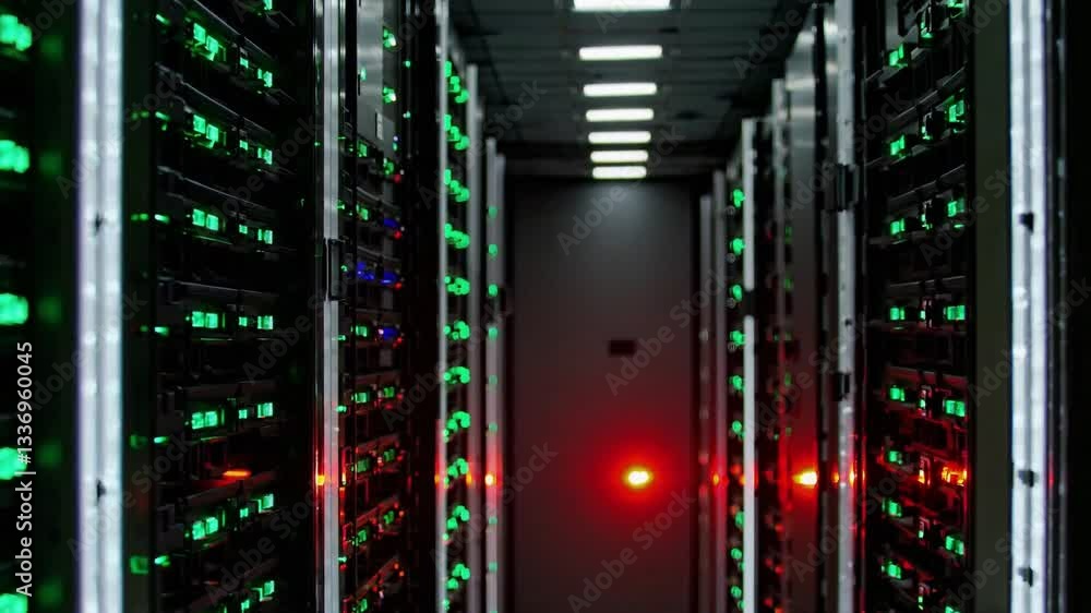 Poster server room alert system in high-tech data center with colorful led indicators