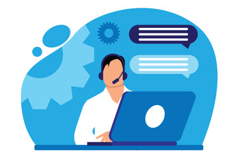 Man Working in Tech Support Team Helping Clients. Work in client service industry and customer assistance vector art