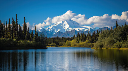 Lake in the mountains and blue sky, the forest beside the lake, perfect spring hiking destination, landscape photography