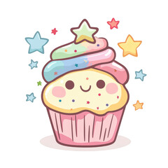Cute Illustrative Cupcake with Colorful Frosting and Happy Face