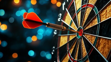 A vibrant image of a dartboard with a dart successfully hitting the bullseye, set against a blurred, colorful background.