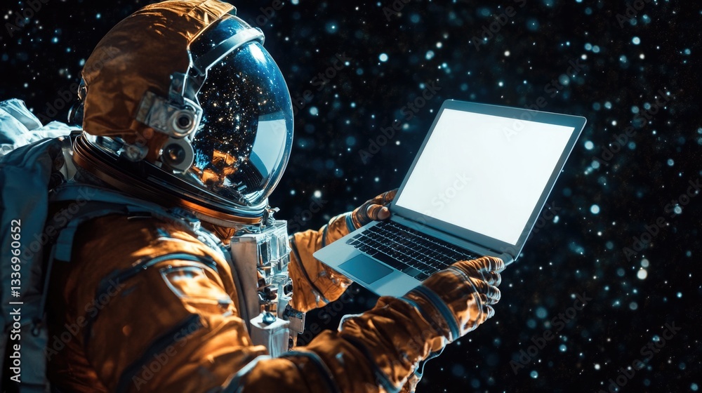 Poster astronaut working on laptop in space suit, perfect for sci-fi concept art or futuristic tech illustr