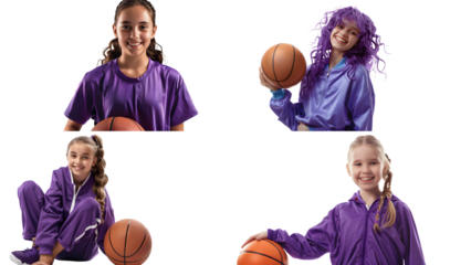 A happy purple girl with a basketball in a gym uniform smock isolated on transparent background, detailed photo, png 