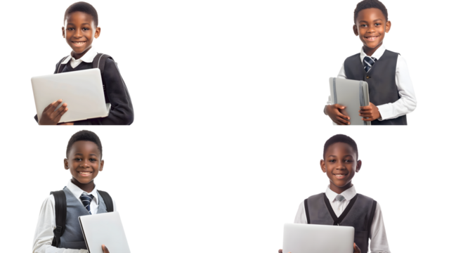 A happy black boy holding laptop computer in school uniform isolated on transparent background, detailed photo, png 