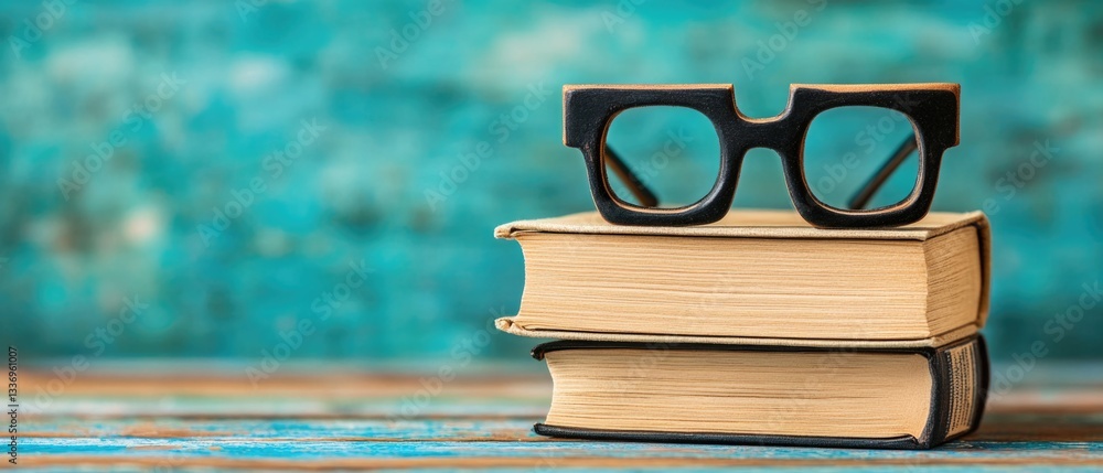 Poster A pair of glasses perched on top of a pile of books, perfect for finding in a study or library setting