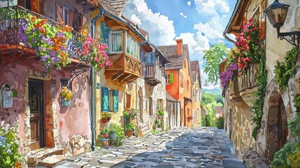 Fototapeta premium A peaceful village street features vibrant houses adorned with flowers. Bright sunshine illuminates the cobblestone path, creating a serene atmosphere