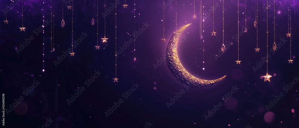 Poster a crescent moon with stars attached, ideal for use in designs about celestial bodies or decorative e