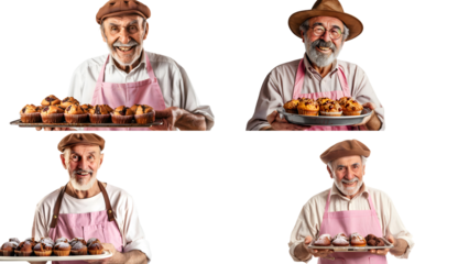A jovial senior male baker in a pink apron and brown hat presents a tray of muffins isolated on transparent background, detailed photo, png