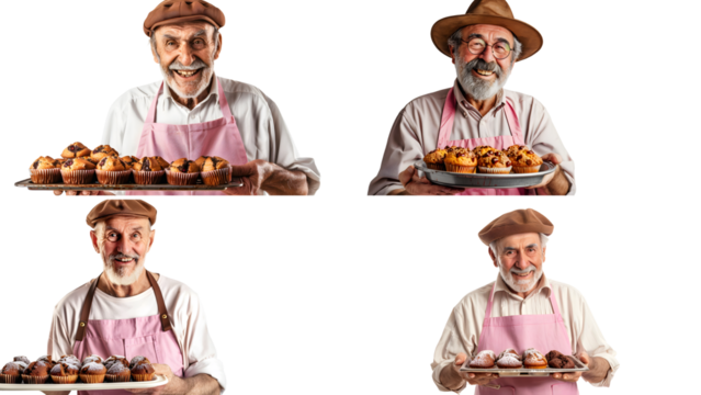 A jovial senior male baker in a pink apron and brown hat presents a tray of muffins isolated on transparent background, detailed photo, png 
